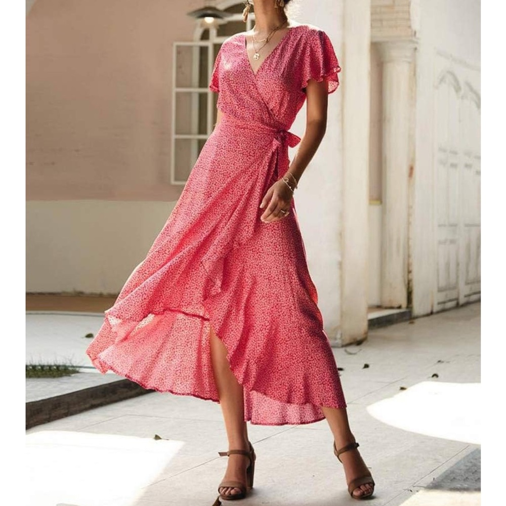 Elegant Red Wrap Dress - Picture 2 of 6